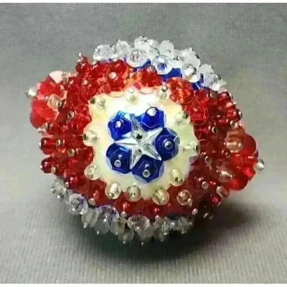 Patriotic America Push Pin Christmas Ornament 2.5" Beaded Red White Blue Sequins - Picture 5 of 6